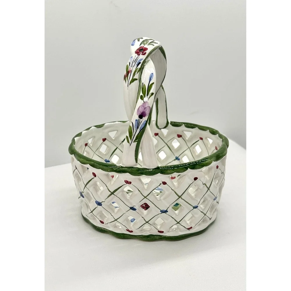 RCCL Hand Painted Portugal Ceramic Lattice Basket Floral Twisted Handle Floral